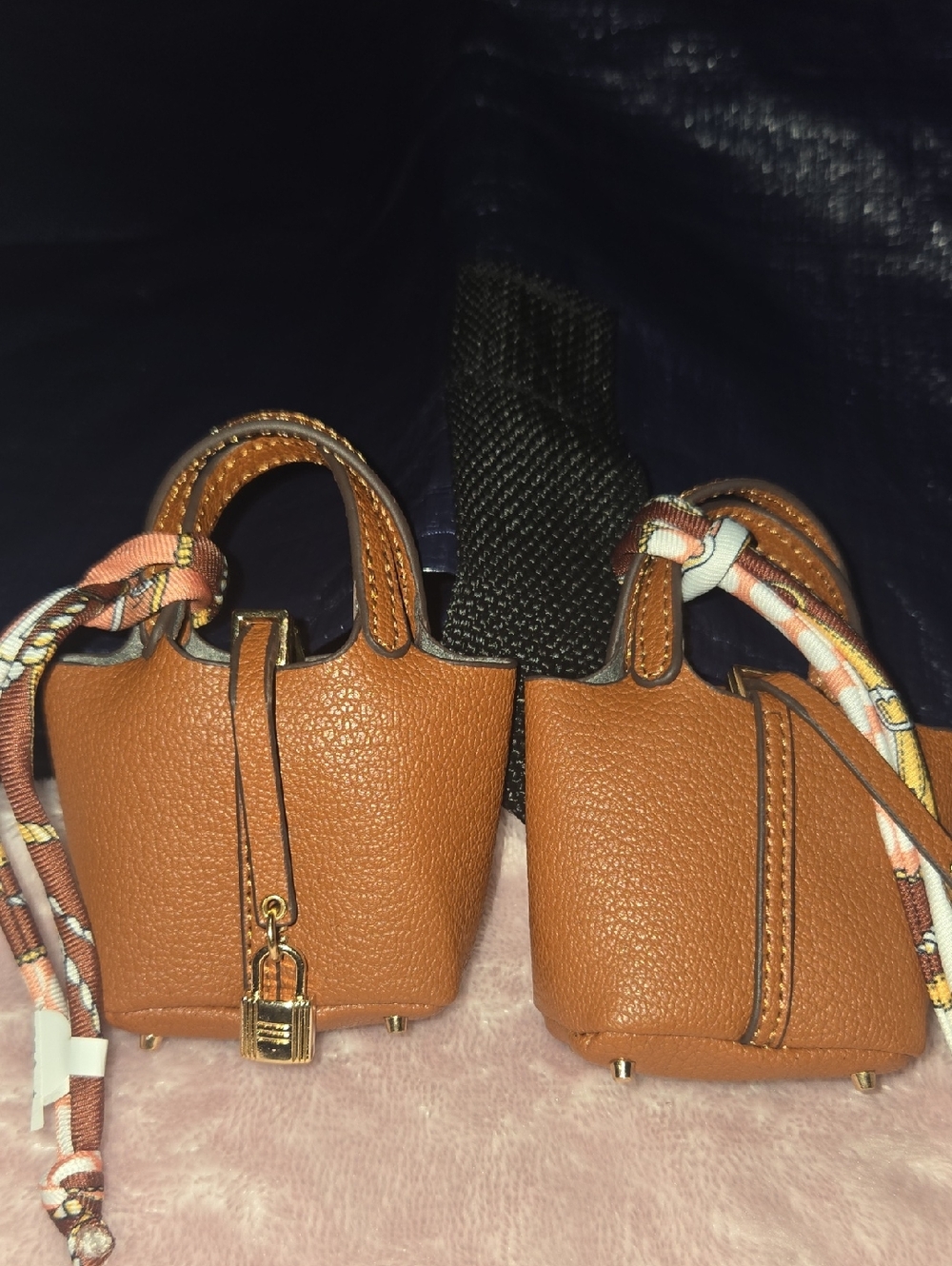 Mini Tan Pebbled Leather Bucket Bag with Scarf Accent